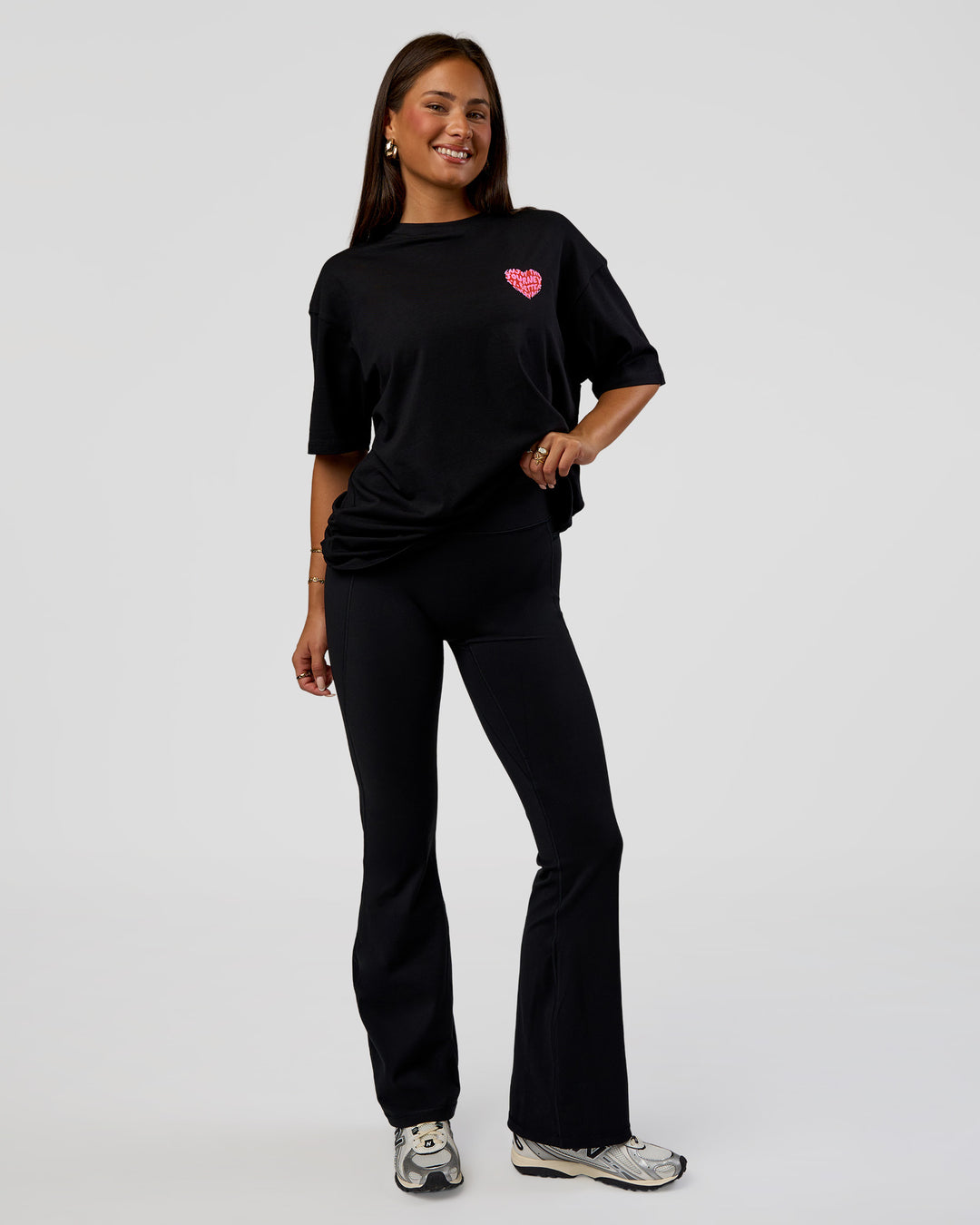 Woman wearing Love the Journey FLXCotton Oversized Tee - Black-Flame | Model:Bianca | Size:XS