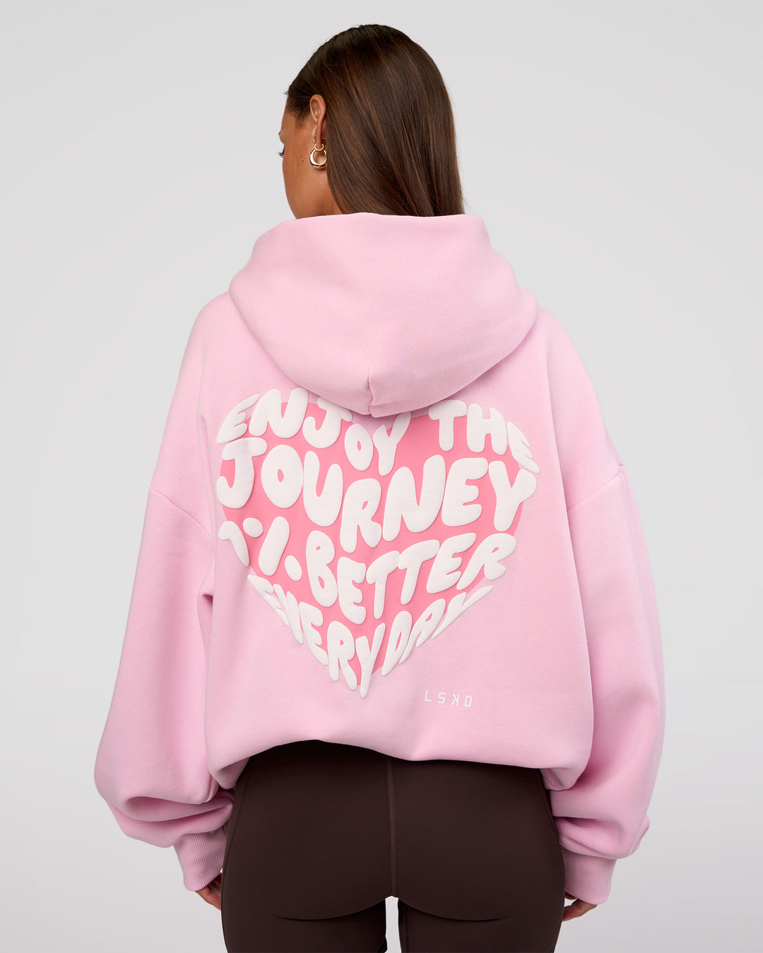 Woman wearing Love The Journey Unisex Oversized Hoodie - Marshmallow-White | Model:Brylee | Size:XS