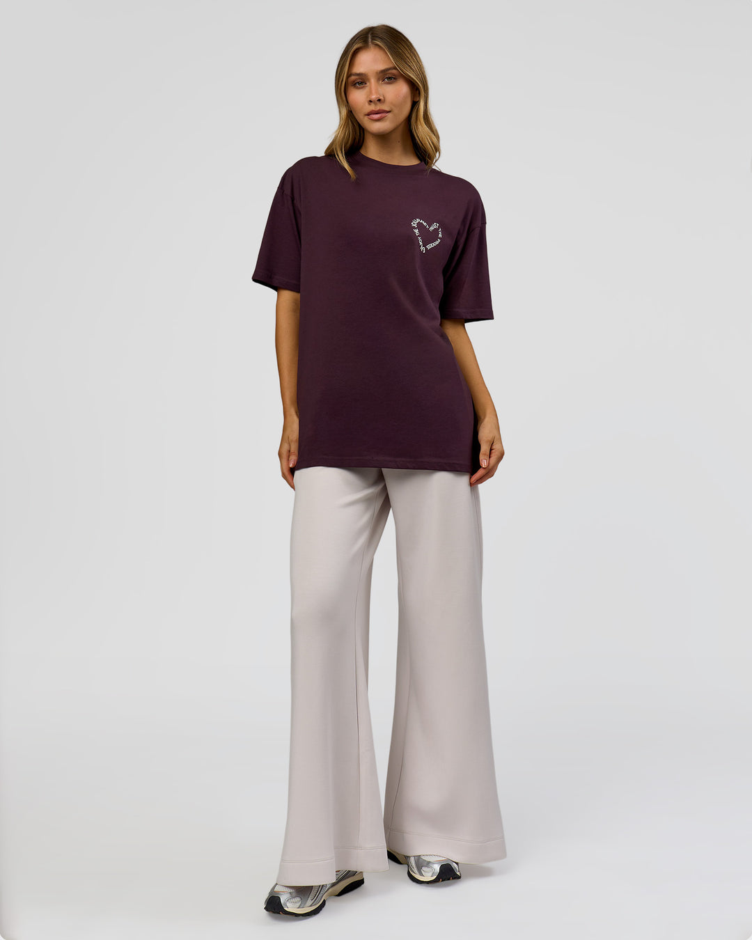 Woman wearing Love The Process FLXCotton Oversize Tee - Midnight Plum-White | Model:Leilani | Size:XS