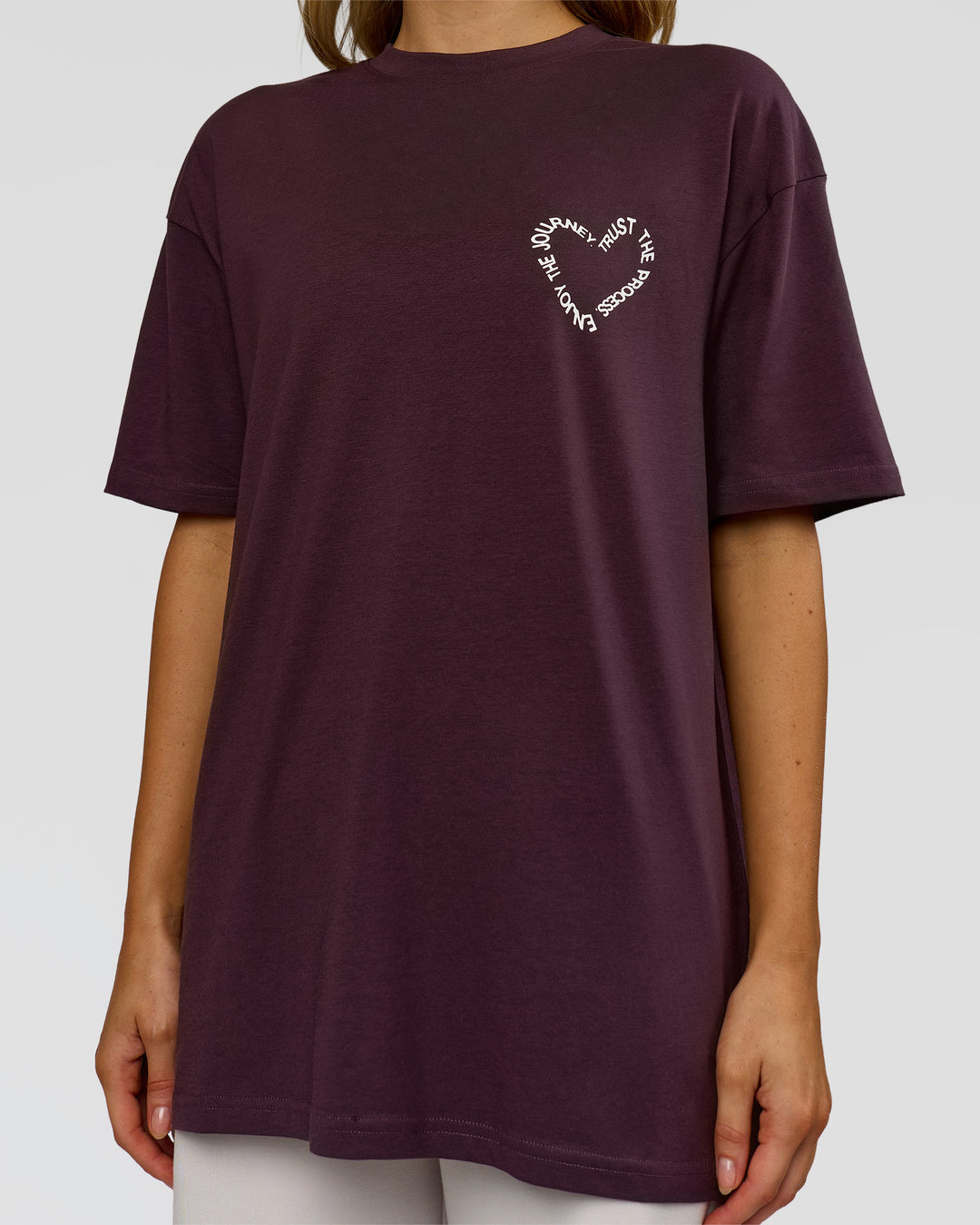 Woman wearing Love The Process FLXCotton Oversize Tee - Midnight Plum-White | Model:Leilani | Size:XS