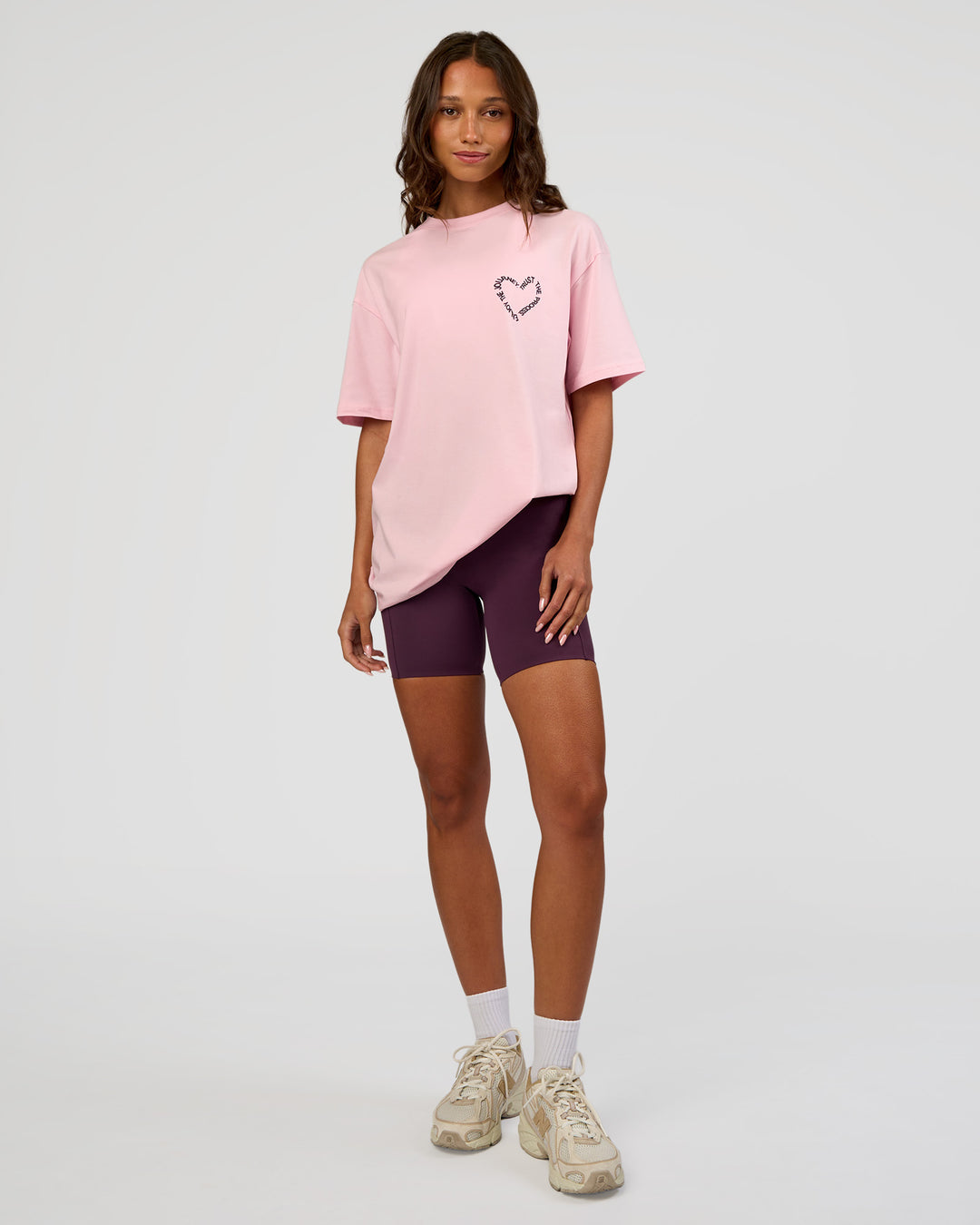 Woman wearing Love The Process FLXCotton Oversize Tee - Marshmallow-Midnight Plum | Model:Dakota | Size:XS