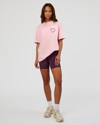 Woman wearing Love The Process FLXCotton Oversize Tee - Marshmallow-Midnight Plum | Model:Dakota | Size:XS