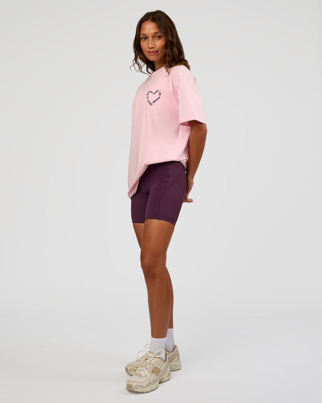 Woman wearing Love The Process FLXCotton Oversize Tee - Marshmallow-Midnight Plum | Model:Dakota | Size:XS