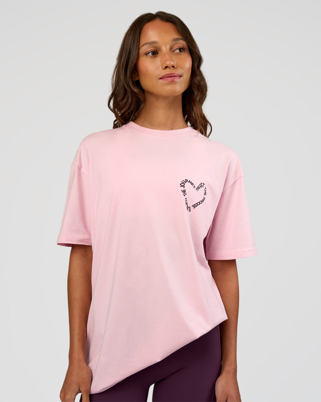 Woman wearing Love The Process FLXCotton Oversize Tee - Marshmallow-Midnight Plum | Model:Dakota | Size:XS
