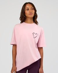Woman wearing Love The Process FLXCotton Oversize Tee - Marshmallow-Midnight Plum | Model:Dakota | Size:XS