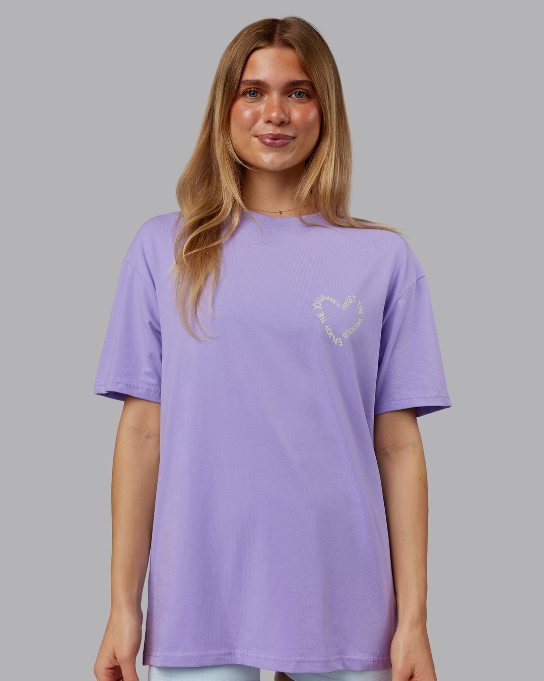 Woman wearing Love The Process FLXCotton Oversize Tee - Violet Ray-Bone | Model:Emilie | Size:XS