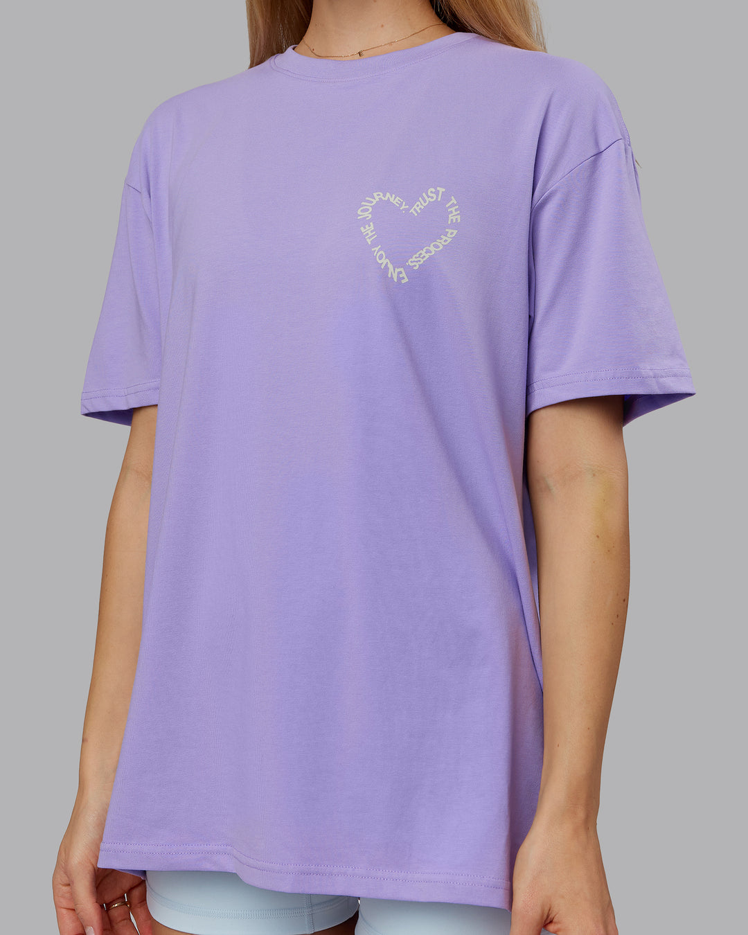 Woman wearing Love The Process FLXCotton Oversize Tee - Violet Ray-Bone | Model:Emilie | Size:XS