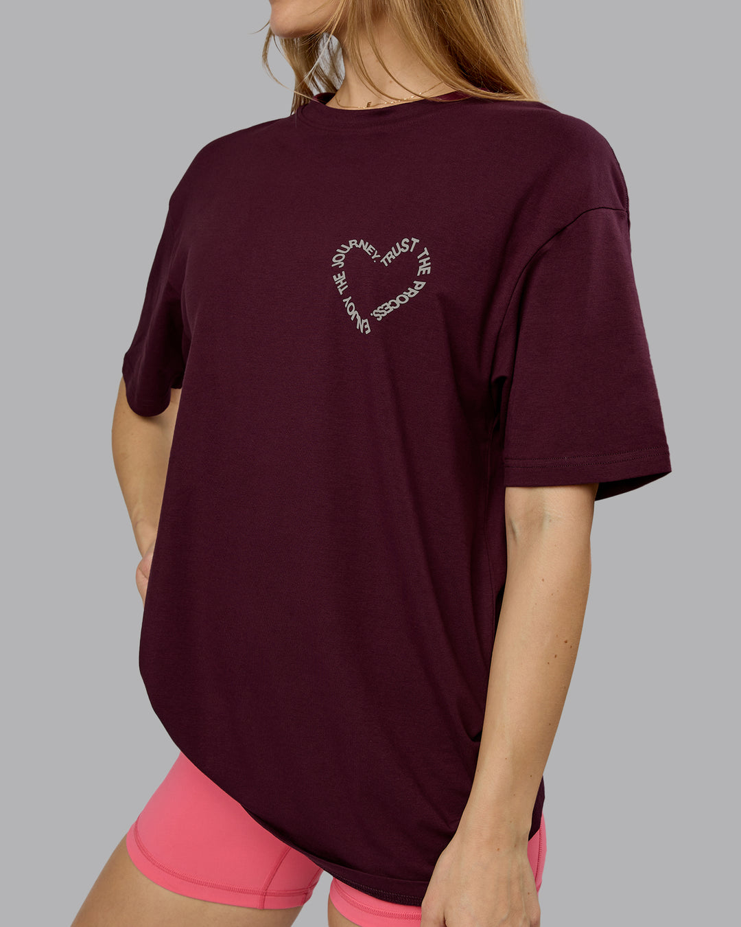 Woman wearing Love The Process FLXCotton Oversize Tee - Cherry Lacquer-Shale Beige | Model:Emilie | Size:XS
