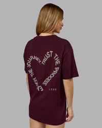 Woman wearing Love The Process FLXCotton Oversize Tee - Cherry Lacquer-Shale Beige | Model:Emilie | Size:XS