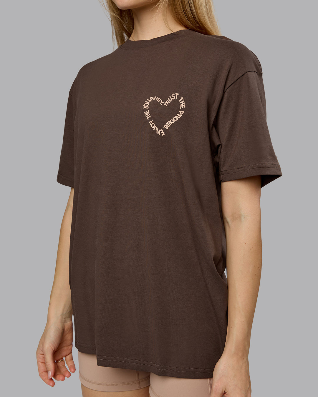 Woman wearing Love The Process FLXCotton Oversize Tee - Chocolate Martini-Warm Smoke | Model:Emilie | Size:XS