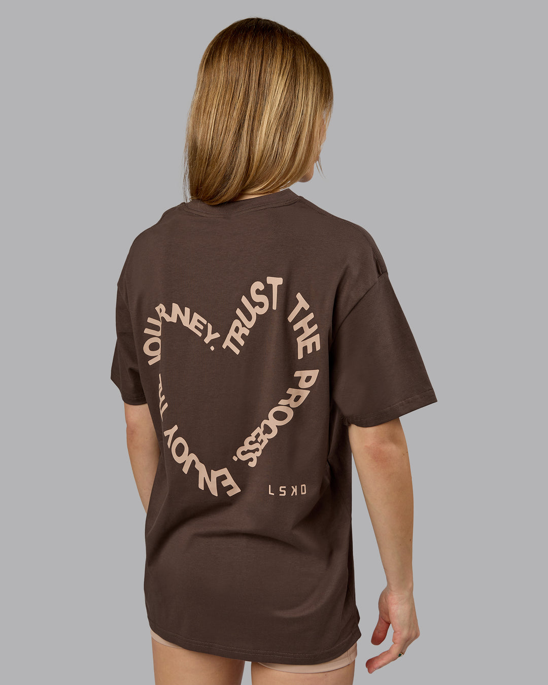 Woman wearing Love The Process FLXCotton Oversize Tee - Chocolate Martini-Warm Smoke | Model:Emilie | Size:XS