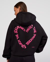 Woman wearing Love The Process Zip Through Hoodie - Black-Sugar Plum | Model:Brylee | Size:XS