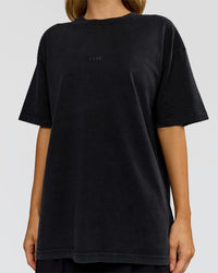 Woman wearing Memory in Motion Heavyweight Oversized Tee - Black Washed | Model:Leilani | Size:XS