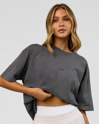 Woman wearing Memory in Motion Heavyweight Oversized Tee - Dark Storm Washed | Model:Leilani | Size:XS