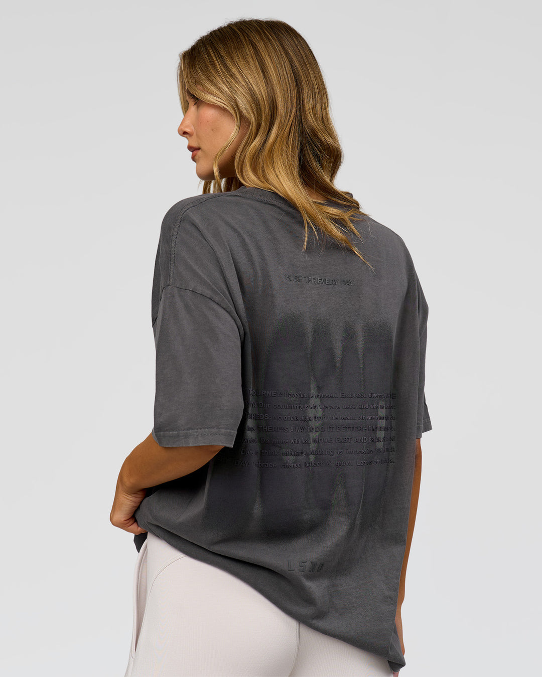 Woman wearing Memory in Motion Heavyweight Oversized Tee - Dark Storm Washed | Model:Leilani | Size:XS