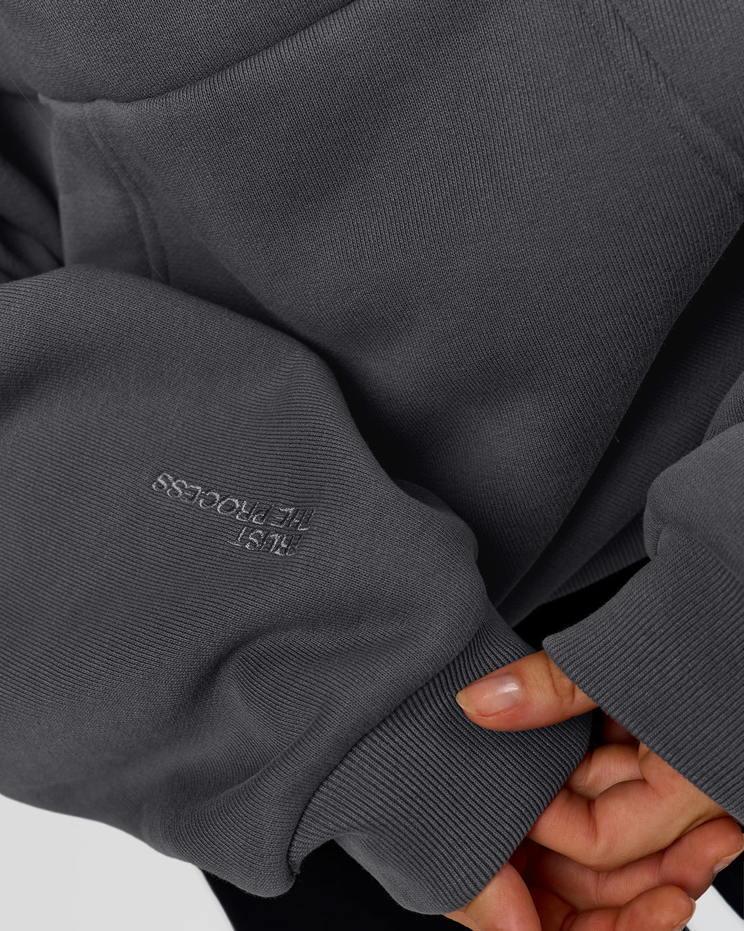 Woman wearing Memory In Motion Ultra Heavyweight Washed Hoodie - Dark Storm Washed | Model:Leilani | Size:XS