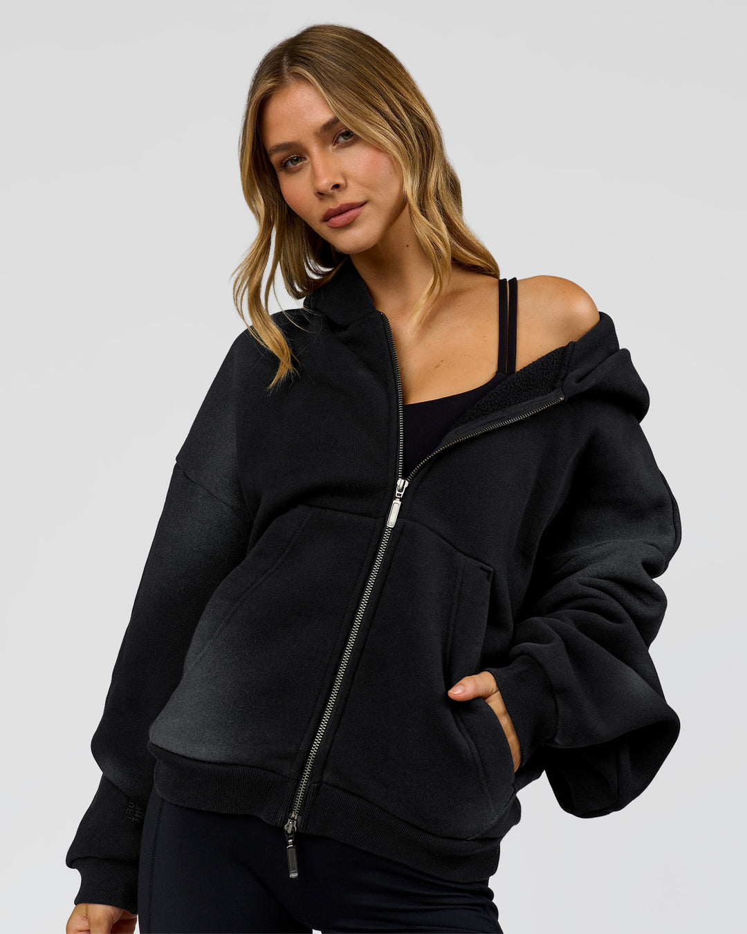 Woman wearing Memory in Motion Ultra Heavyweight Zip Thru Hoodie - Black Washed | Model:Leilani | Size:XS - view 8