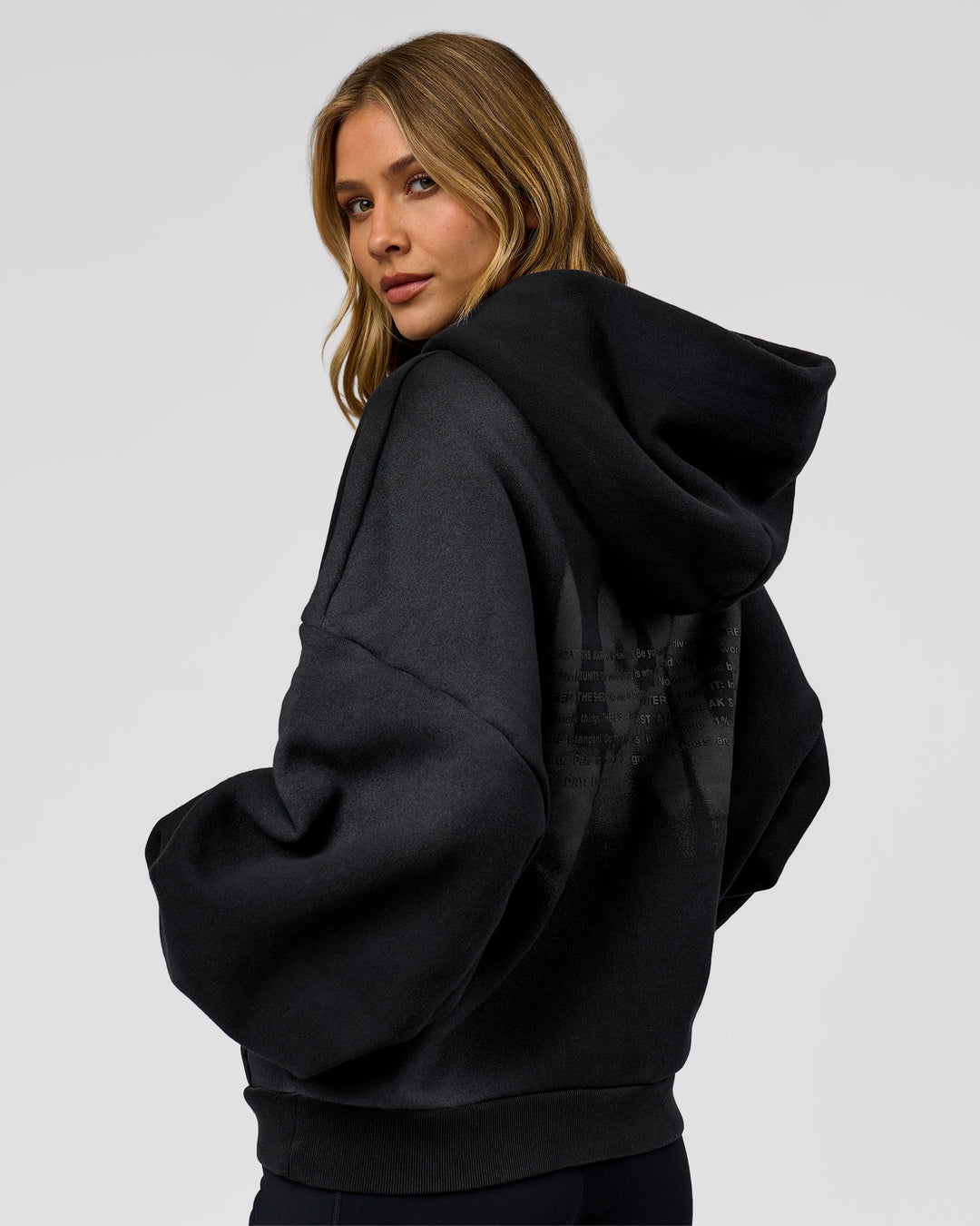 Woman wearing Memory in Motion Ultra Heavyweight Zip Thru Hoodie - Black Washed | Model:Leilani | Size:XS - view 5