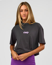 Woman wearing Miami Snatch FLXCotton Oversized Tee - Dark Storm-Marshmallow | Model:Georgia | Size:XS