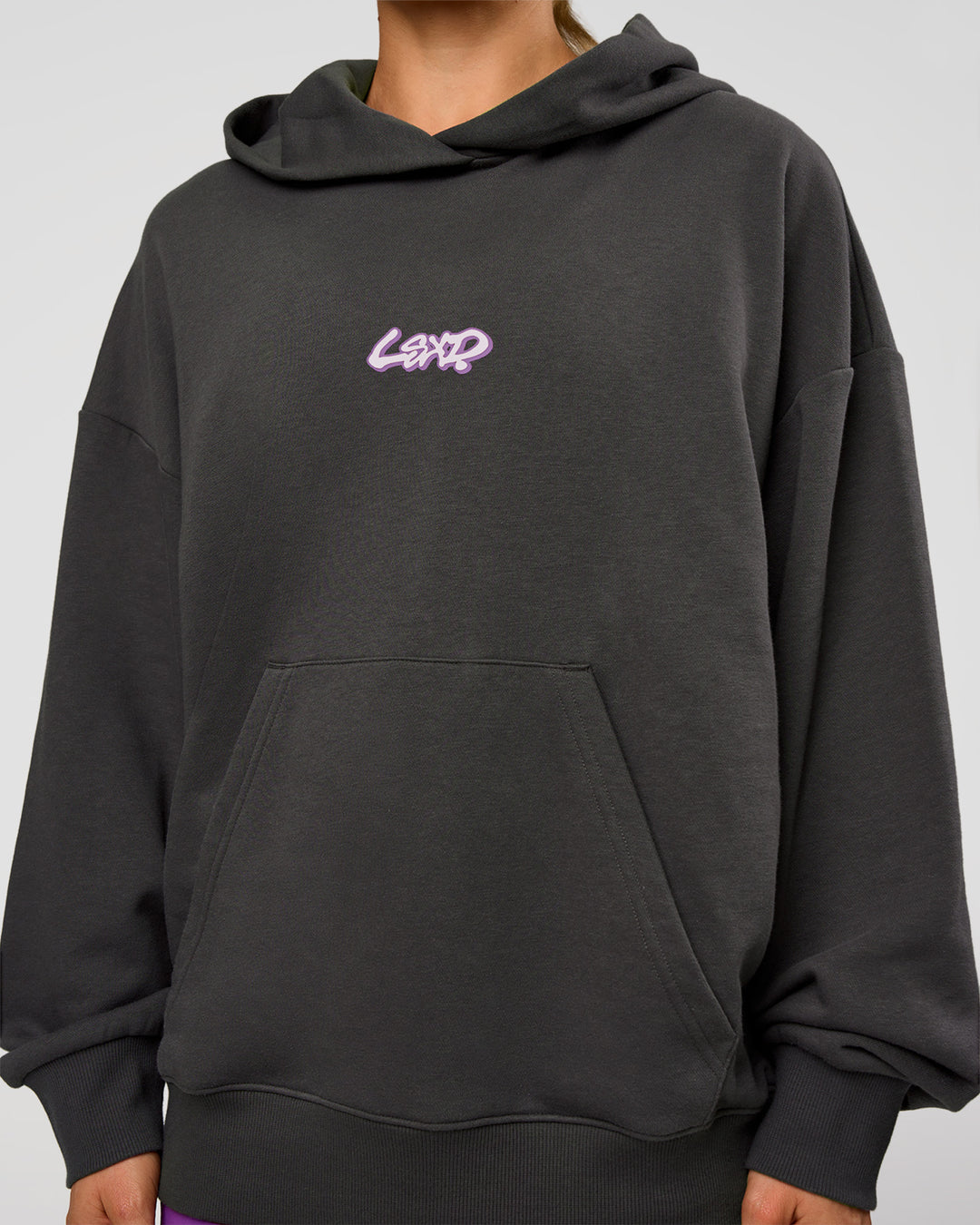 Woman wearing Miami Vibe Oversized Hoodie - Dark Storm-Marshmallow | Model:Maja | Size:XS