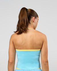 Woman wearing Milla Shelf Bra Tank - Baltic Sea-Lemon | Model:Grace | Size:XS