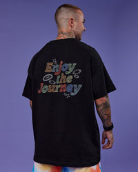Man wearing Our Journey Heavyweight Oversized Tee - Black-Rainbow | Model:Tayden | Size:XS