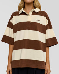 Woman wearing Oversized Rugby Polo - Off White - Brown | Model:Leilani | Size:XS