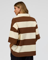 Woman wearing Oversized Rugby Polo - Off White - Brown | Model:Leilani | Size:XS