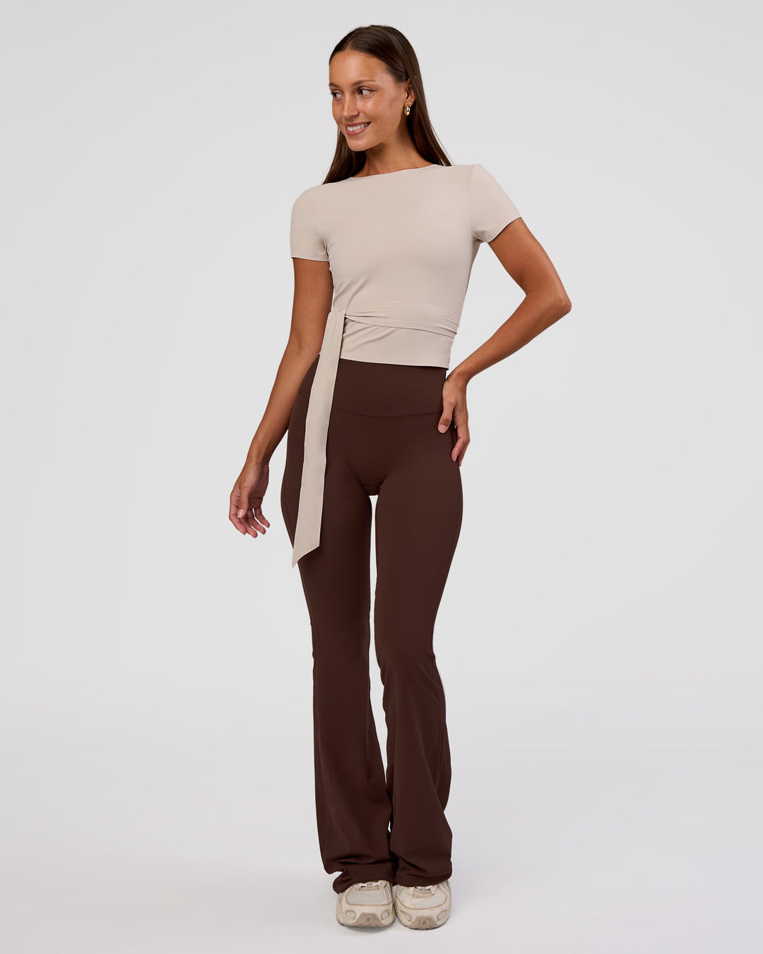 Woman wearing Peaches Wrap Cinch Top - Shale Beige | Model:Brylee | Size:XS