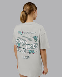 Woman wearing Perspective FLXCotton Oversized Tee - Digital Mist-White | Model:Emilie | Size:XS