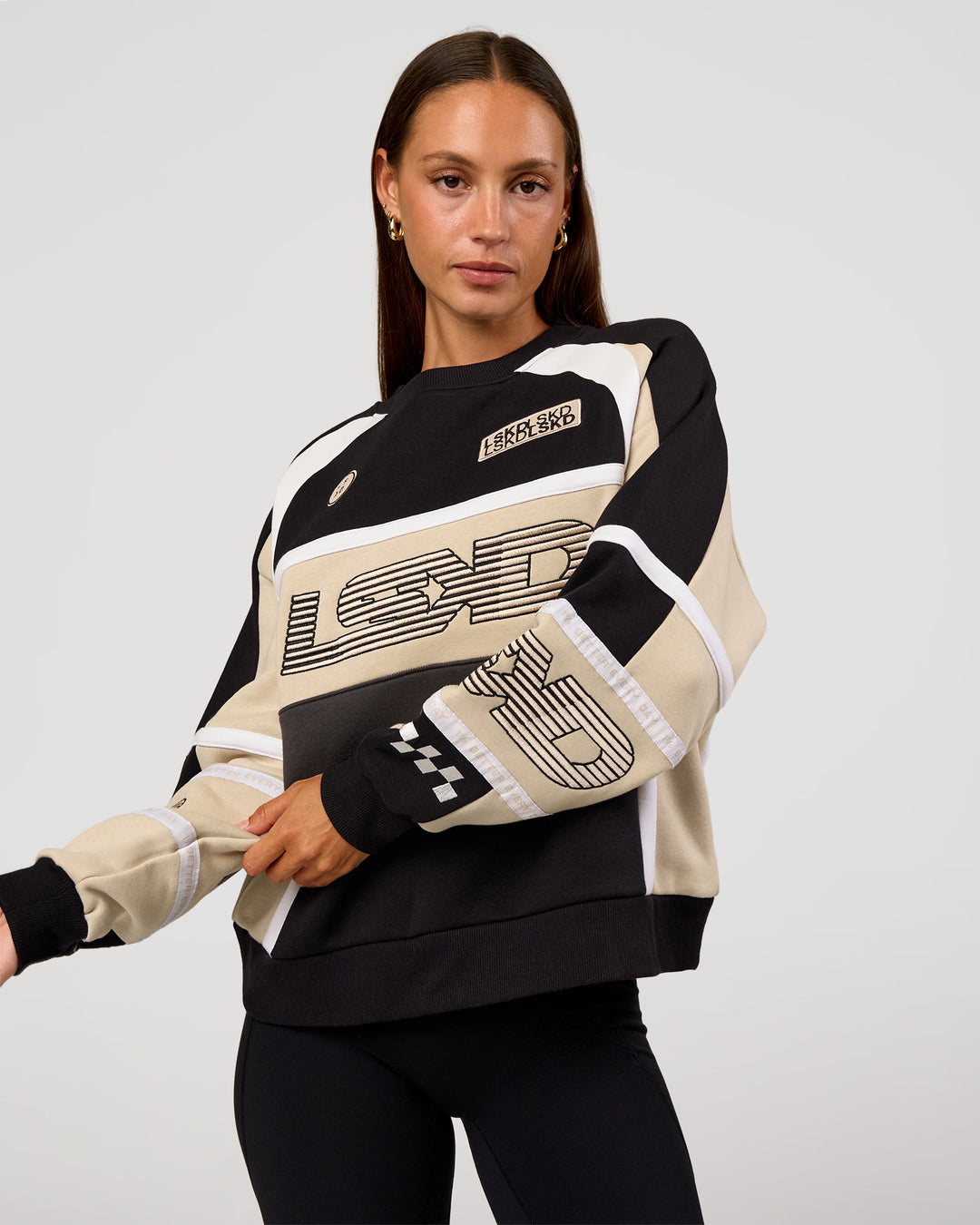 Woman wearing Power Sweater - Black-Shale Beige | Model:Brylee | Size:XS