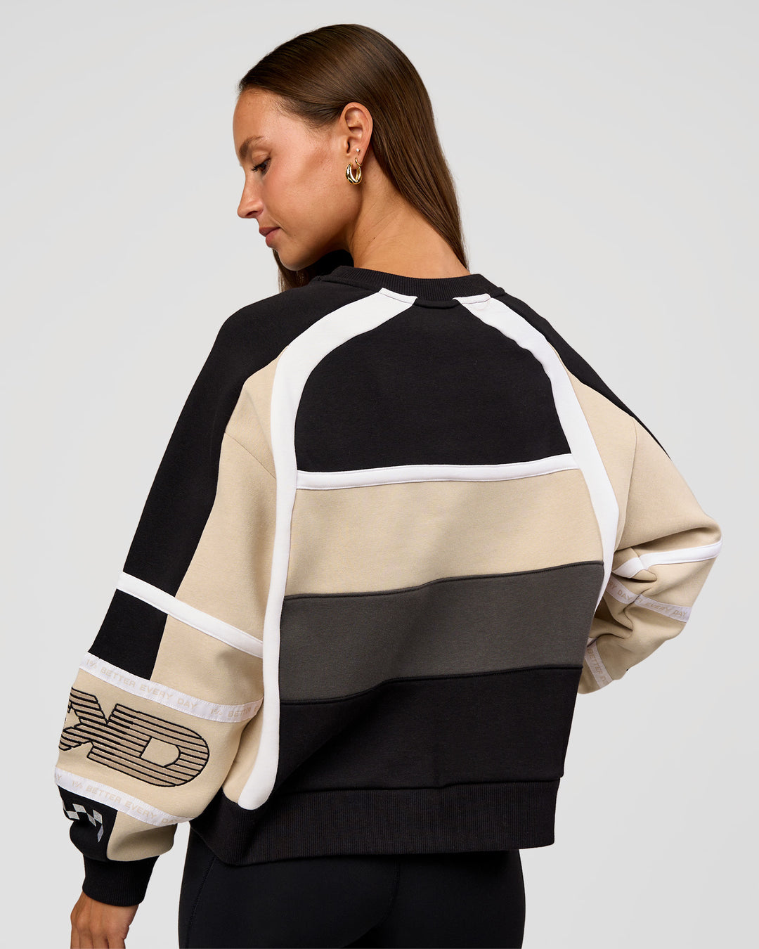 Woman wearing Power Sweater - Black-Shale Beige | Model:Brylee | Size:XS