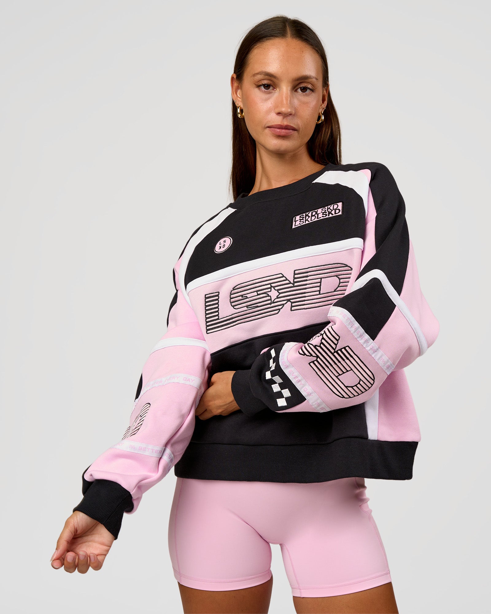 Woman wearing Power Sweater - Caviar-Marshmallow | Model:Brylee | Size:XS