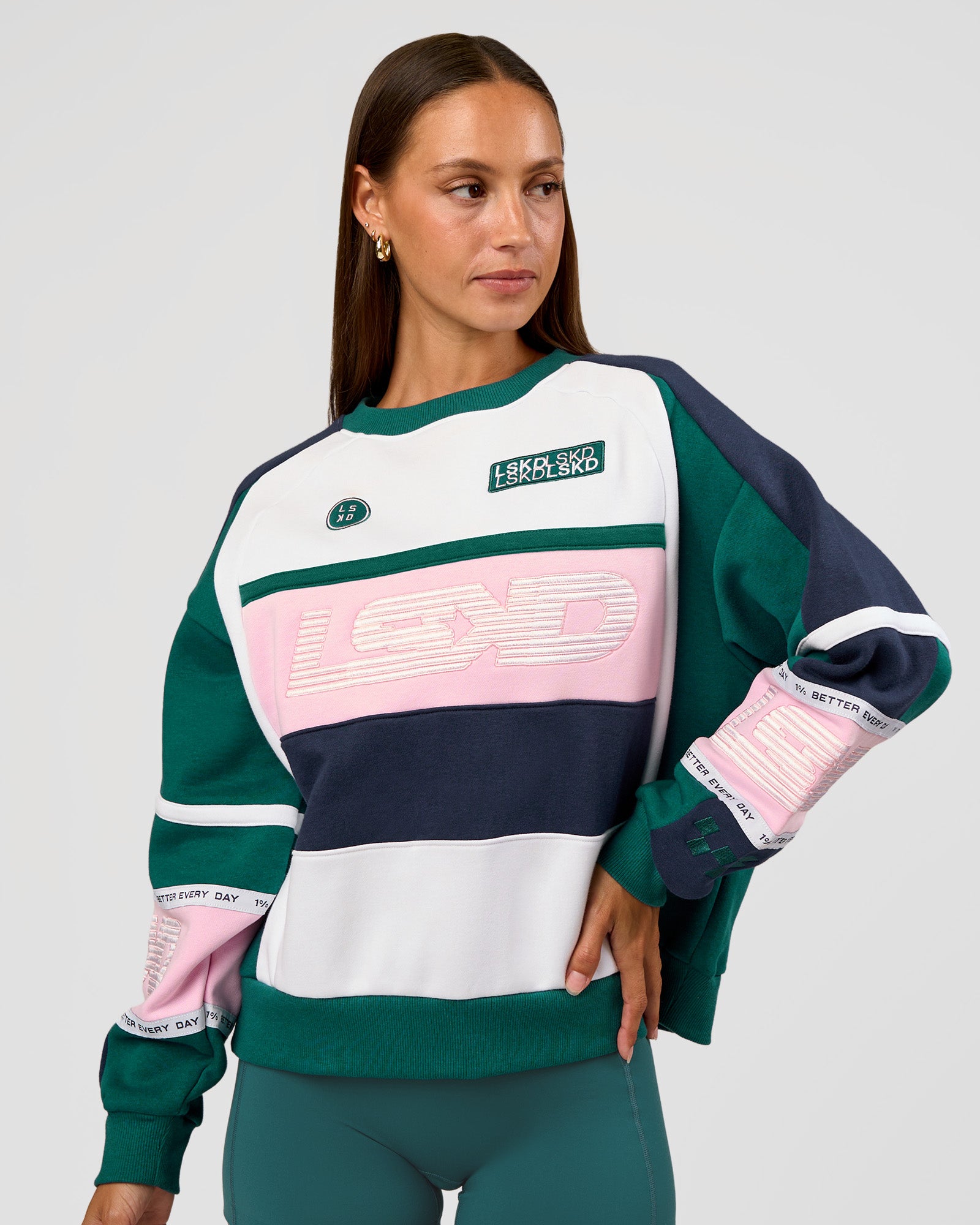 Woman wearing Power Sweater - Future Navy-Teal | Model:Brylee | Size:XS