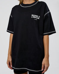 Woman wearing Pressure is Privilege Oversized Tee - Black-White | Model:Leilani | Size:XS