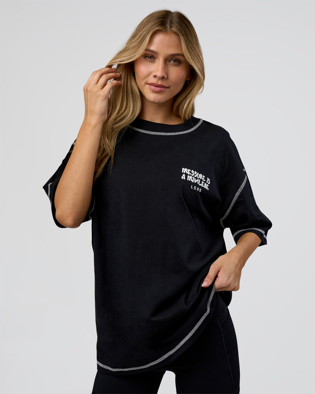 Woman wearing Pressure is Privilege Oversized Tee - Black-White | Model:Leilani | Size:XS
