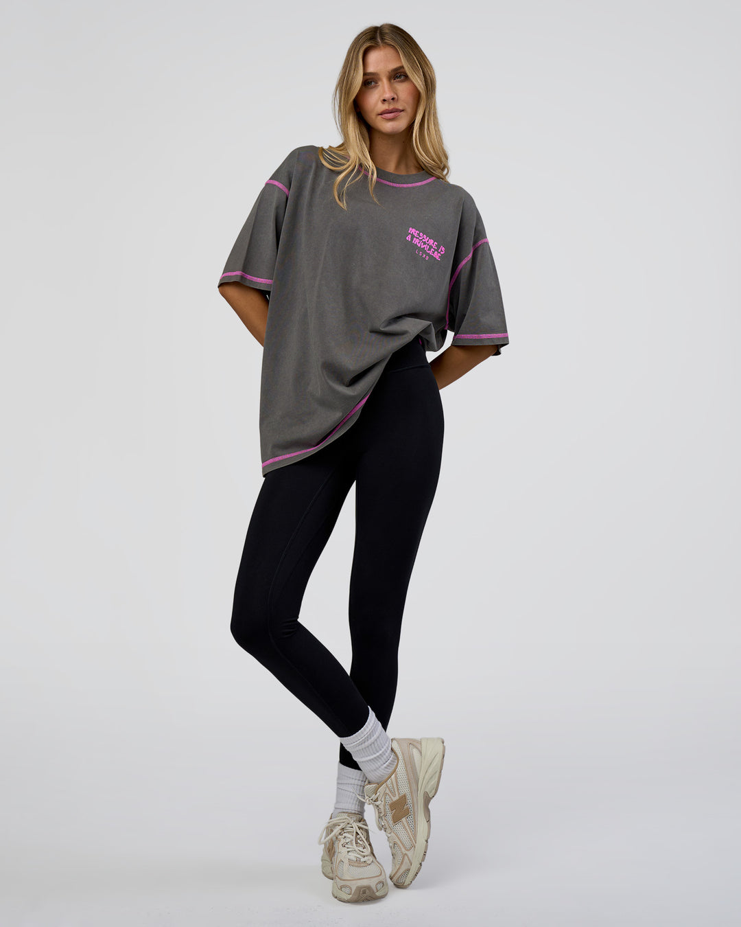Woman wearing Pressure is Privilege Oversized Tee - Dark Storm Washed-Ultra Fuchsia | Model:Leilani | Size:XS