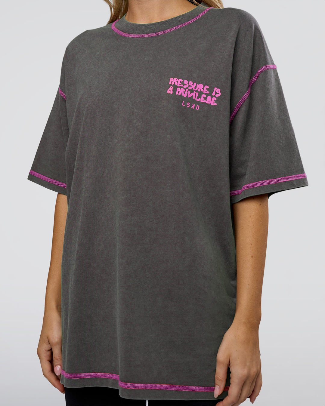 Woman wearing Pressure is Privilege Oversized Tee - Dark Storm Washed-Ultra Fuchsia | Model:Leilani | Size:XS