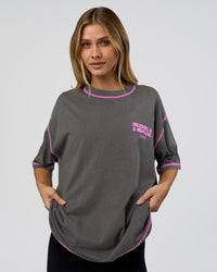 Woman wearing Pressure is Privilege Oversized Tee - Dark Storm Washed-Ultra Fuchsia | Model:Leilani | Size:XS