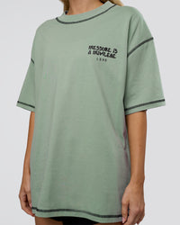 Woman wearing Pressure is Privilege Oversized Tee - Iceberg Green-Black | Model:Leilani | Size:XS