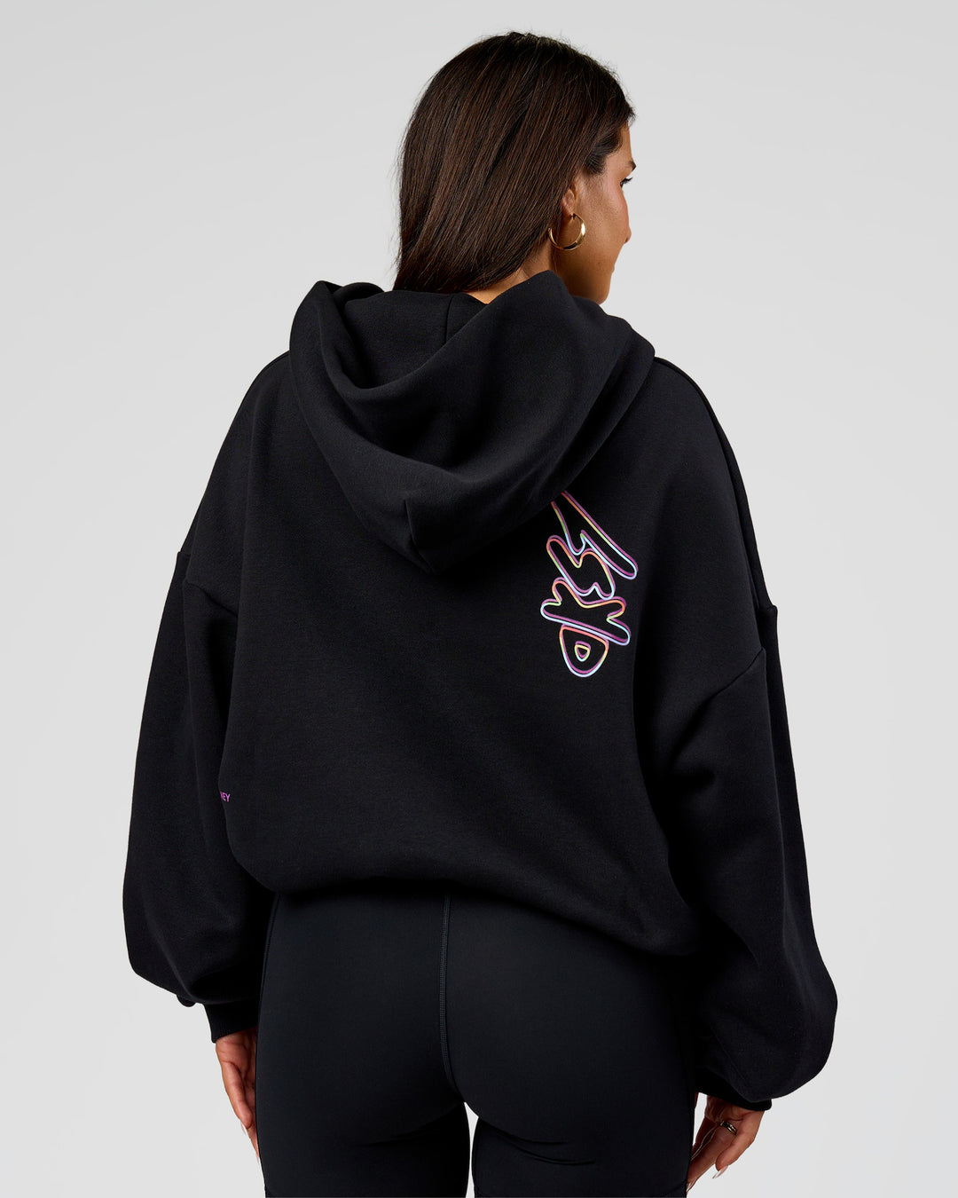 Woman wearing Pride Sticker Boxy Hoodie - Black | Model:Bianca | Size:XS