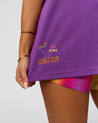 Woman wearing Pride Sticker Boxy Tee - Fresh Purple | Model:Bianca | Size:XS