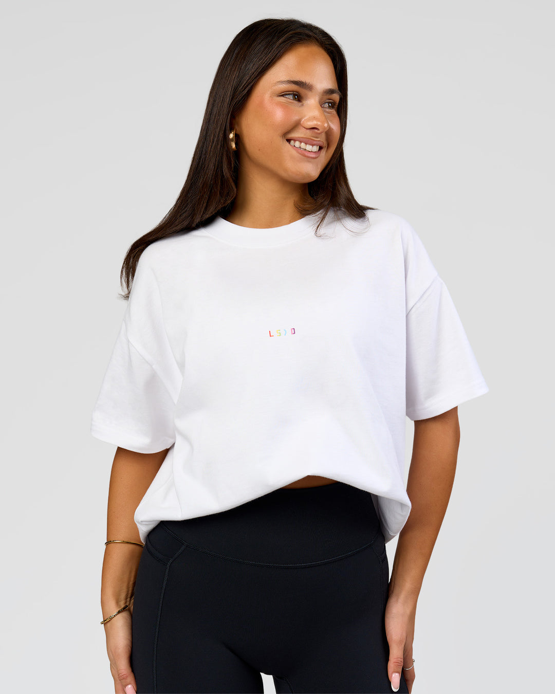 Woman wearing Pride Sticker Boxy Tee - White | Model:Bianca | Size:XS