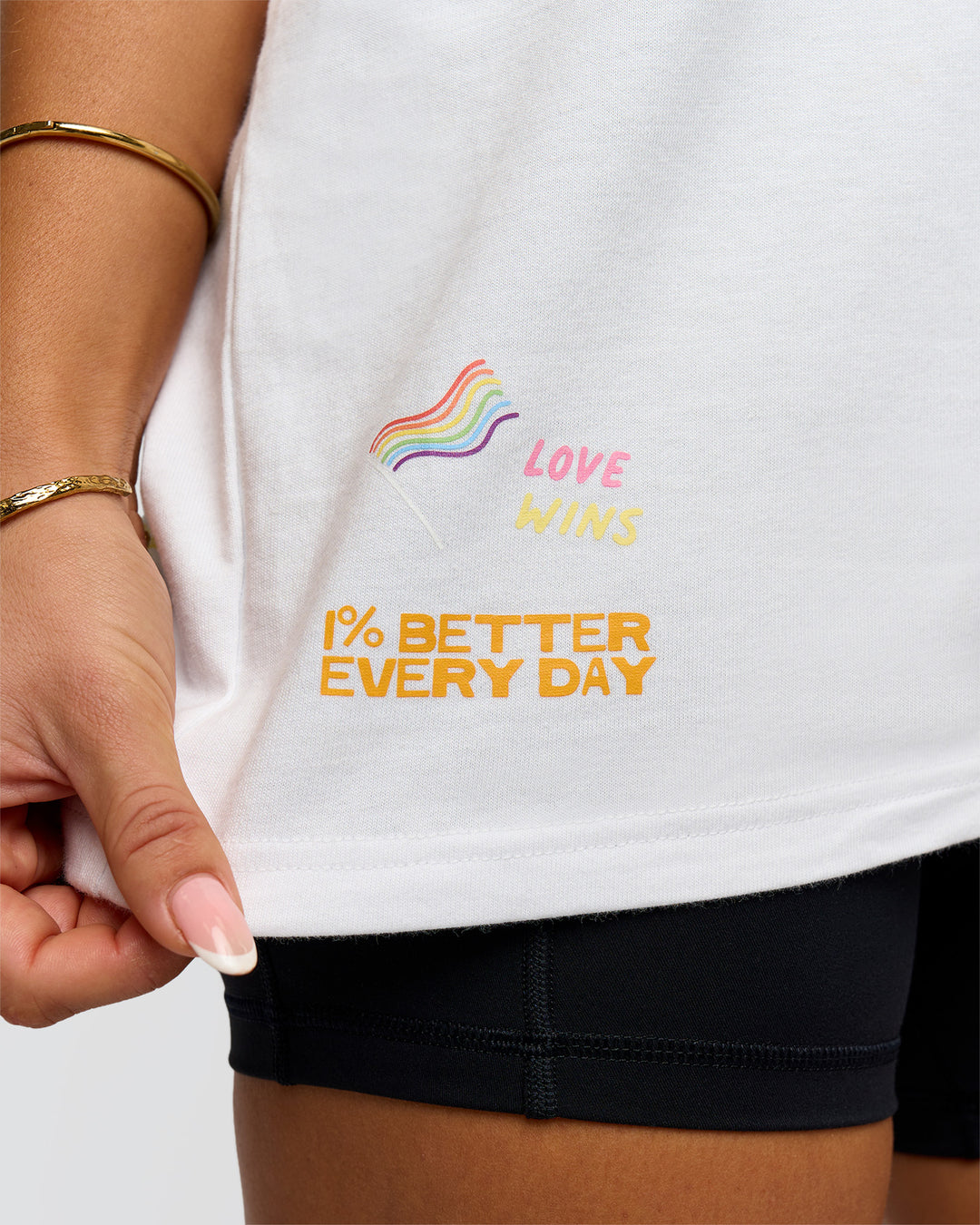 Woman wearing Pride Sticker Boxy Tee - White | Model:Bianca | Size:XS