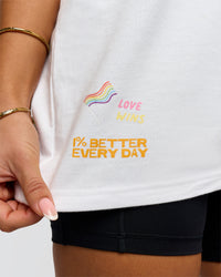 Woman wearing Pride Sticker Boxy Tee - White | Model:Bianca | Size:XS