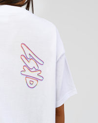 Woman wearing Pride Sticker Boxy Tee - White | Model:Bianca | Size:XS