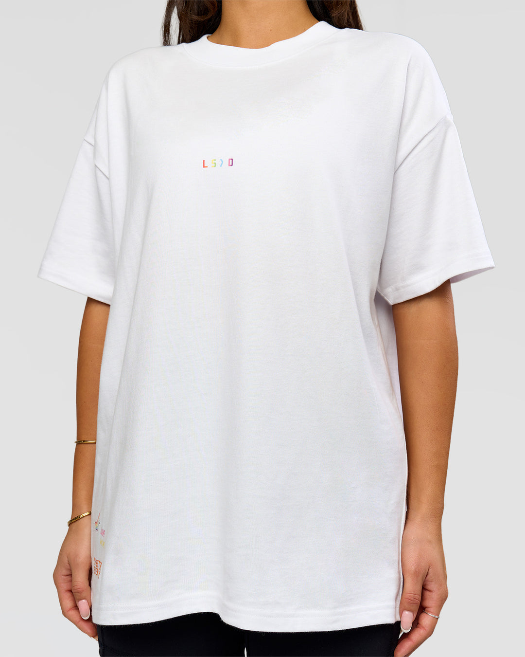 Woman wearing Pride Sticker Boxy Tee - White | Model:Bianca | Size:XS
