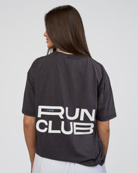 Woman wearing Runner's FLXCotton Oversized Tee - Black Washed-White | Model:Estella | Size:XS