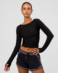 Woman wearing Scrunch Long Sleeve Tee - Black | Model:Brylee | Size:XS