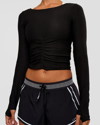 Woman wearing Scrunch Long Sleeve Tee - Black | Model:Brylee | Size:XS